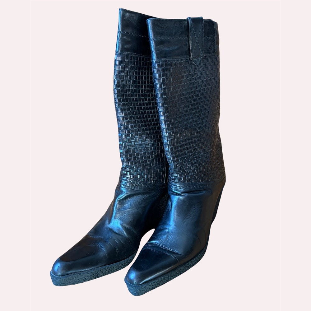 Stuart Weitzman Rare Retro Black Leather Woven Wedge Boots